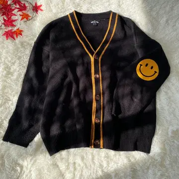 니코짱 와펜 가디건 스마일리 페이스 자수 니트 가디건 F