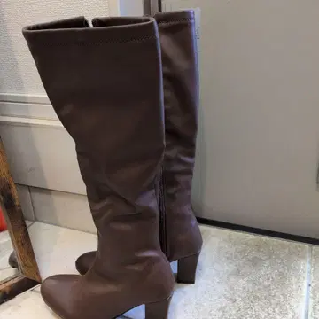 브라운 합성 피혁 롱 부츠