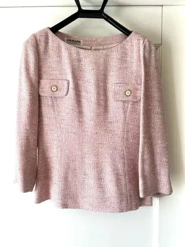 핑크 또는 그레이 컬러 트위드 노카라 자켓 + 스커트 정장 세트