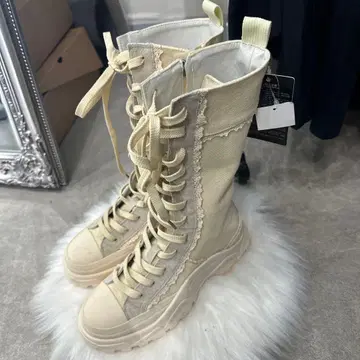 베이지 캔버스 통굽 롱 부츠