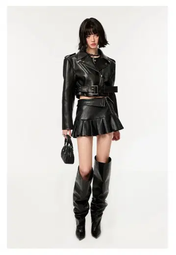 레트로 스타일 바이커 가죽 자켓과 스커트 세트