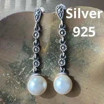 모조 진주 실버 귀걸이 925 각인 앤티크 골드 H