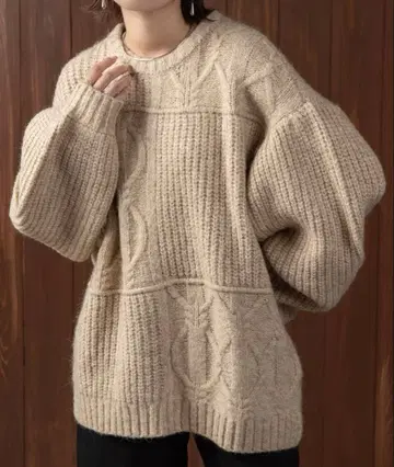 lawgy 베이지 케이블 니트 스웨터 오버 사이즈