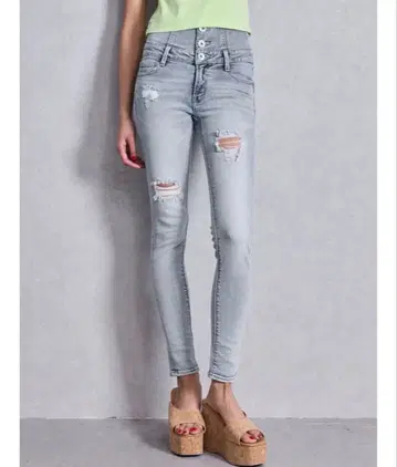 GYDA 하이웨스트 백 크로스 데미지 스키니 데님