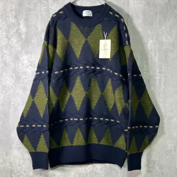데드스탁 패턴 니트 아가일 입체 네이비 그린 투톤 울 일본제