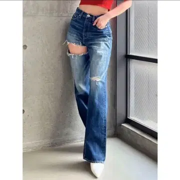 GYDA 사이드 립드 스트레이트 와이드 데님 팬츠