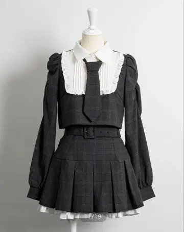 pium 넥타이 포함 스퀘어 프릴 긴팔 상의 미니 스커트 셋업