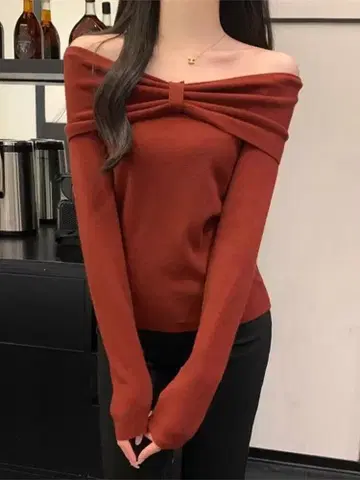 오프숄더 리본 니트 다크 오렌지