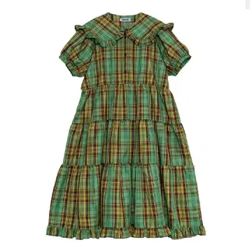 PUNYUS 퍼프 슬리브 티어드 체크 원피스 그린