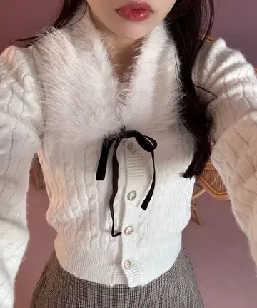 OLIVE des OLIVE 퍼 티펫트 부착 케이블 가디건