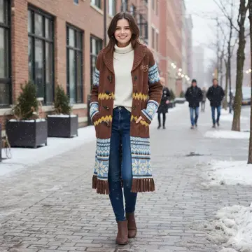 록시 롱 니트 가디건 코위찬 니트 울 100% 브라운 M