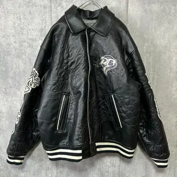 아카이브 용 자수 인조 가죽 충전솜 자켓 스티치 디자인 블랙