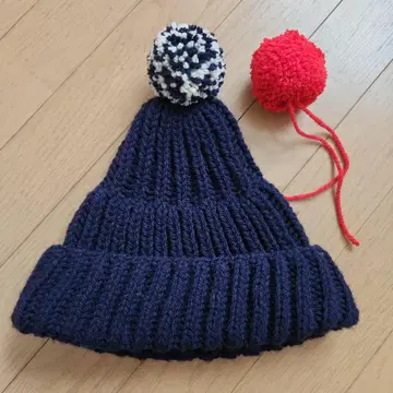 기센누마 니팅 폼폼 모자 네이비&폼폼 세트