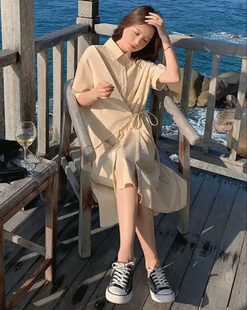 베이지 셔츠 원피스 반팔 허리 리본 포함 XL 사이즈