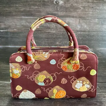 리큐 백 자수 일본 의류용 백 브라운 박스형 핸드백