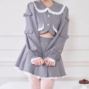 Honey Cinnamon 소매 리본 코튼 레이스 자켓 셋업