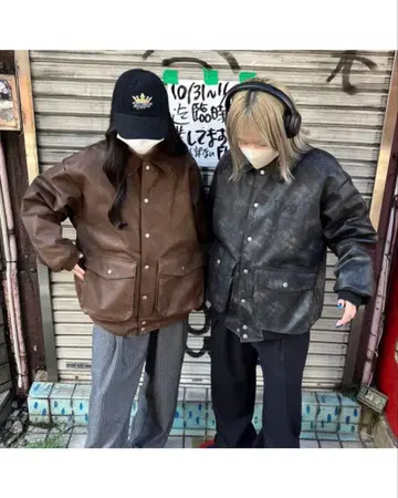 9090:Tagging Logo Vintage Leather Jacket