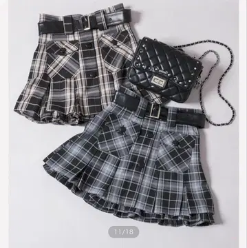 가죽 벨트 체크 플리츠 미니 스커트 블랙 체크