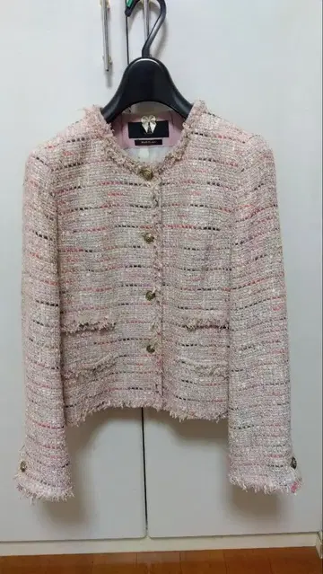 INED 트위드 노카라 자켓 골드 버튼 핑크 빈티지 라메