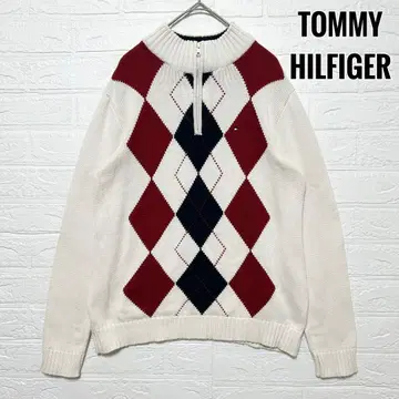 타미힐피거 니트 하프 지퍼 아가일 화이트 하이넥 [ M ]