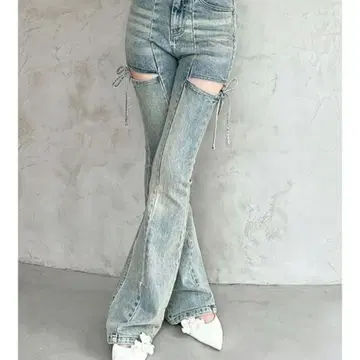 RESEXXY 컷 아웃 리본 데님 팬츠 라이트 블루