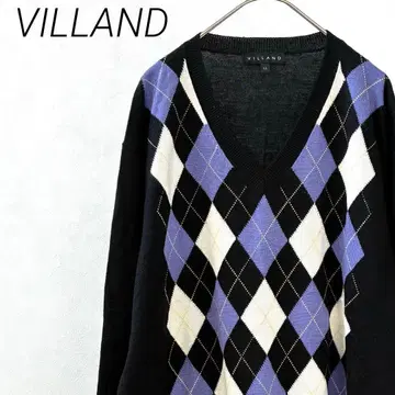 [ 새상품급 ] VILLAND 니트 스웨터 V넥 체크 무늬 울 혼방 빅