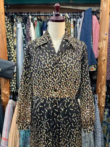 빈티지 여성용 다크 브라운 꽃무늬 드레스 원피스 구제 의류 쇼와 레트로