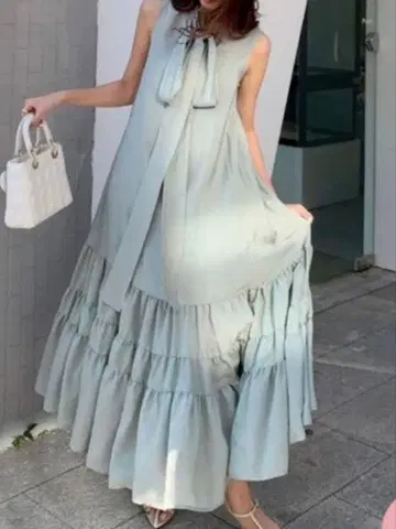 벌스데이 바쉬 민트 컬러 슬리브리스 롱 드레스