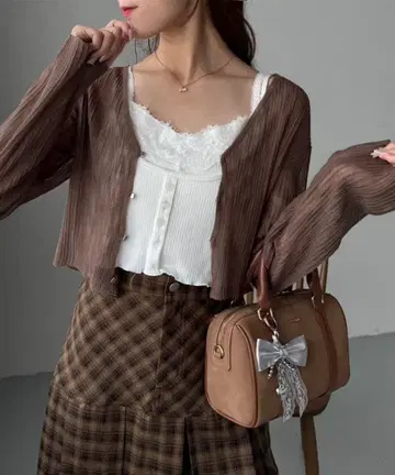 브라운 리브 크롭 가디건