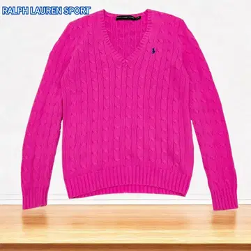 [ 새상품급 ] 랄프 로렌 케이블 니트 스웨터 핑크 로고 V넥 S