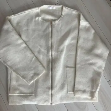 dreskip 아이보리 노카라 지퍼 두꺼운 원단 가디건 M 사이즈