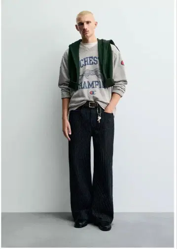 ZARA Champion 콜라보 스트라이프 배기핏 청바지 40