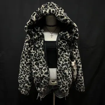 헤이세이 갸루 y2k 그런지 레오파드 무늬 보아 후드 부착 아우터
