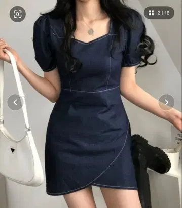 데님 퍼프 슬리브 타이트 원피스