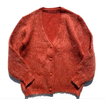 60s 모헤어 가디건 털 긴 니트 레드 오렌지