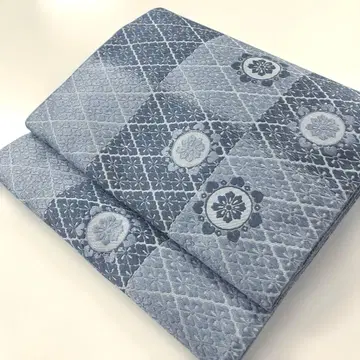 순수 실크 니시진 후쿠로 오비 미재단 하나비시 패턴 블루 그레이