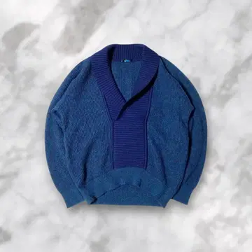90s 울 90% 숄카라 니트 블루 네이비 빈티지풍