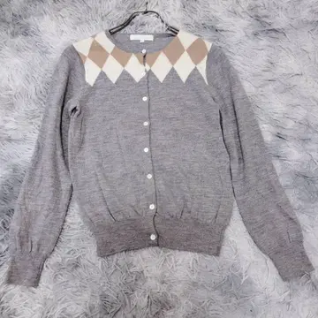 쿠미쿄쿠 울 100% 아가일 가디건 그레이 2/M 워셔블 가을/겨울