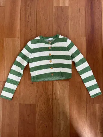 ZARA 그린 화이트 스트라이프 크롭 니트 가디건 S