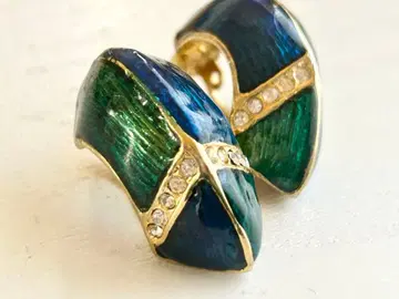 빈티지 에나멜 그린 블루 반 후프 빅 사이즈 귀걸이