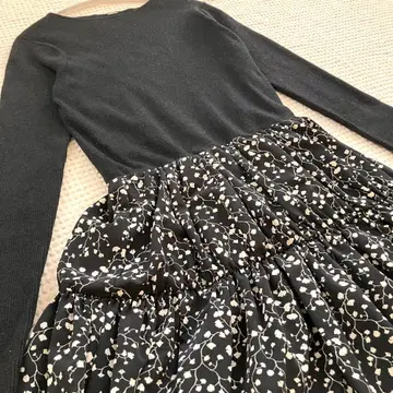 새상품급 미라 오웬 도킹 꽃무늬 원피스 플레어 리브 블랙 S 사이즈