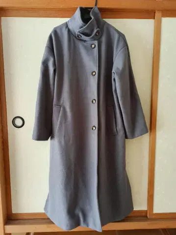 블루 그레이 버튼 롱 코트