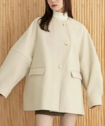 hinari 웨이브 디자인 미들 코트 아이보리 S