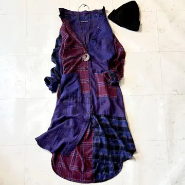 티그르브로칸테 텐쿠마루 체크 패치워크 플란넬 셔츠 원피스