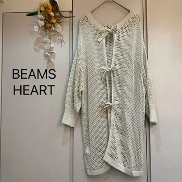 BEAMS HEART 아이보리 메쉬 니트 가디건 리본