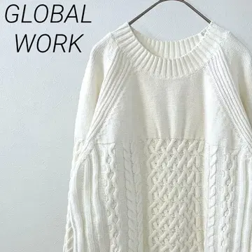 GLOBAL WORK 니트 스웨터 크루넥 케이블 짜임 래글런