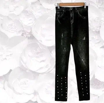 새상품급 레깅스 팬츠 레깅스 데님풍 [ F ] 블랙 블랙 밴딩 펄 비쥬