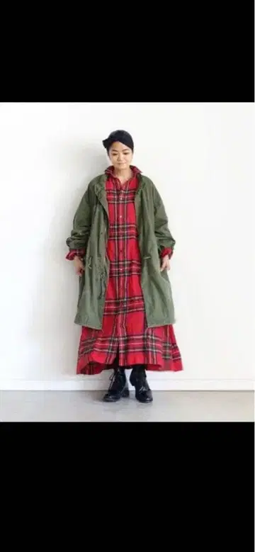 ichi Antiquites 울 거즈 체크 셔츠 원피스