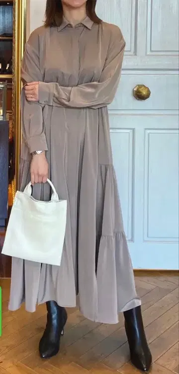 사이드 티어드 셔츠 원피스 베이지