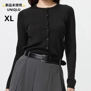미사용 새상품 UNIQLO 블랙 메리노 리브 크루넥 가디건 XL